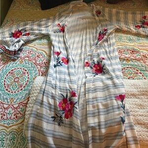 Striped Floral Maxi Kimono - Pink Embroidered Flowers